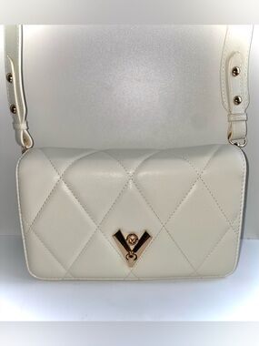 Valentino Orlandi Cream Quilted Shoulder Bag with Gold V Accent